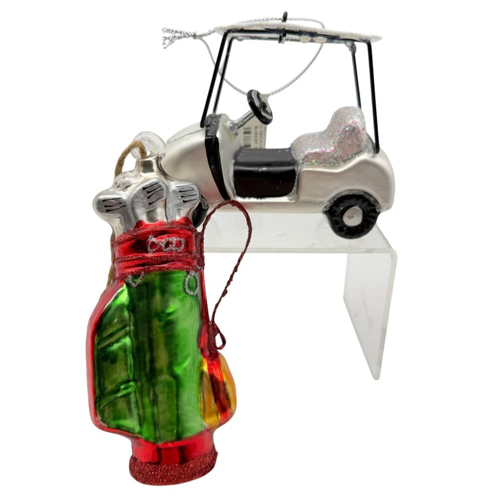 Kirklands Glass‎ golf cart & bag Christmas tree ornament golfing sparkly handing